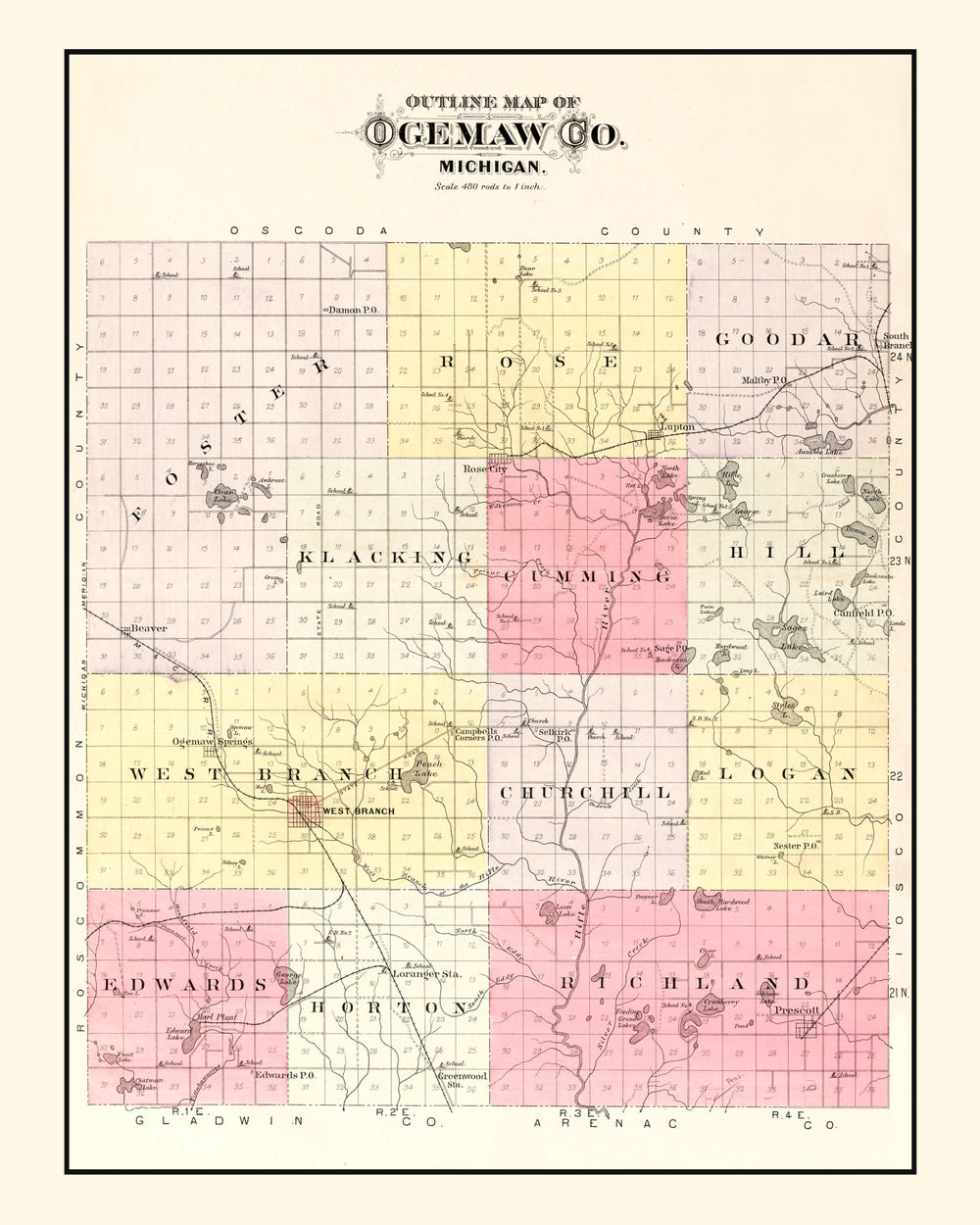 Vintage Map of Ogemaw County, Michigan 1903 print style example