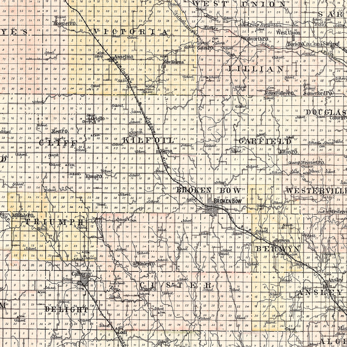 Restored historic details from the 1904 county map of Custer County, Nebraska