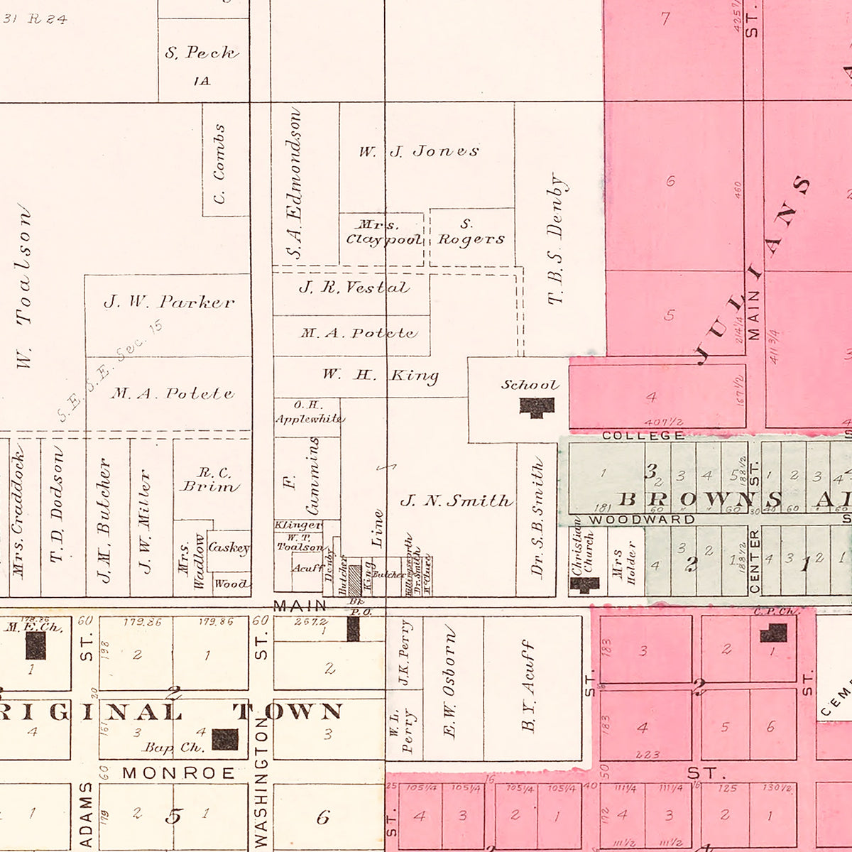 Restored historic details from the 1904 city map of Walnut Grove, Missouri