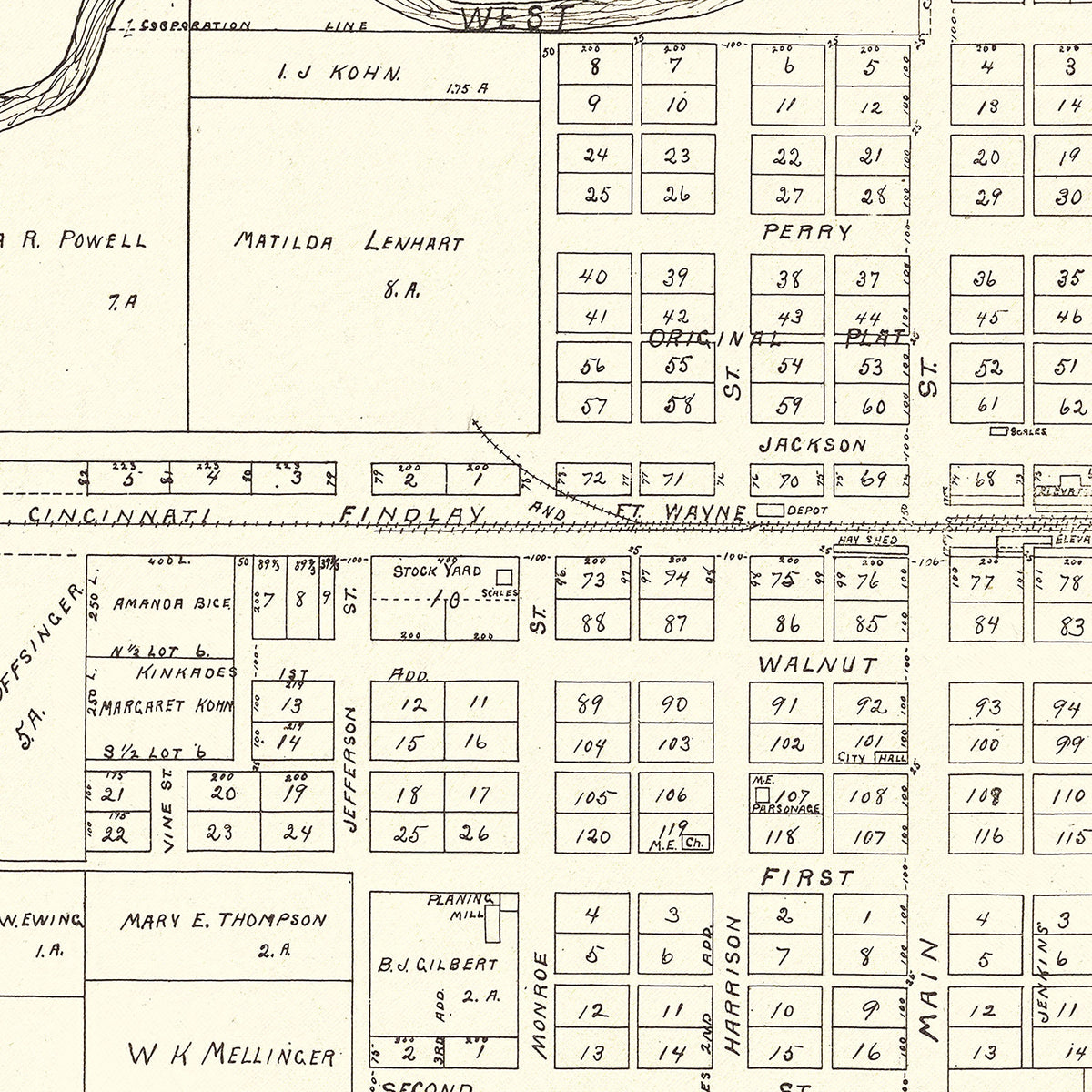Restored historic details from the 1905 city map of Grover Hill, Ohio