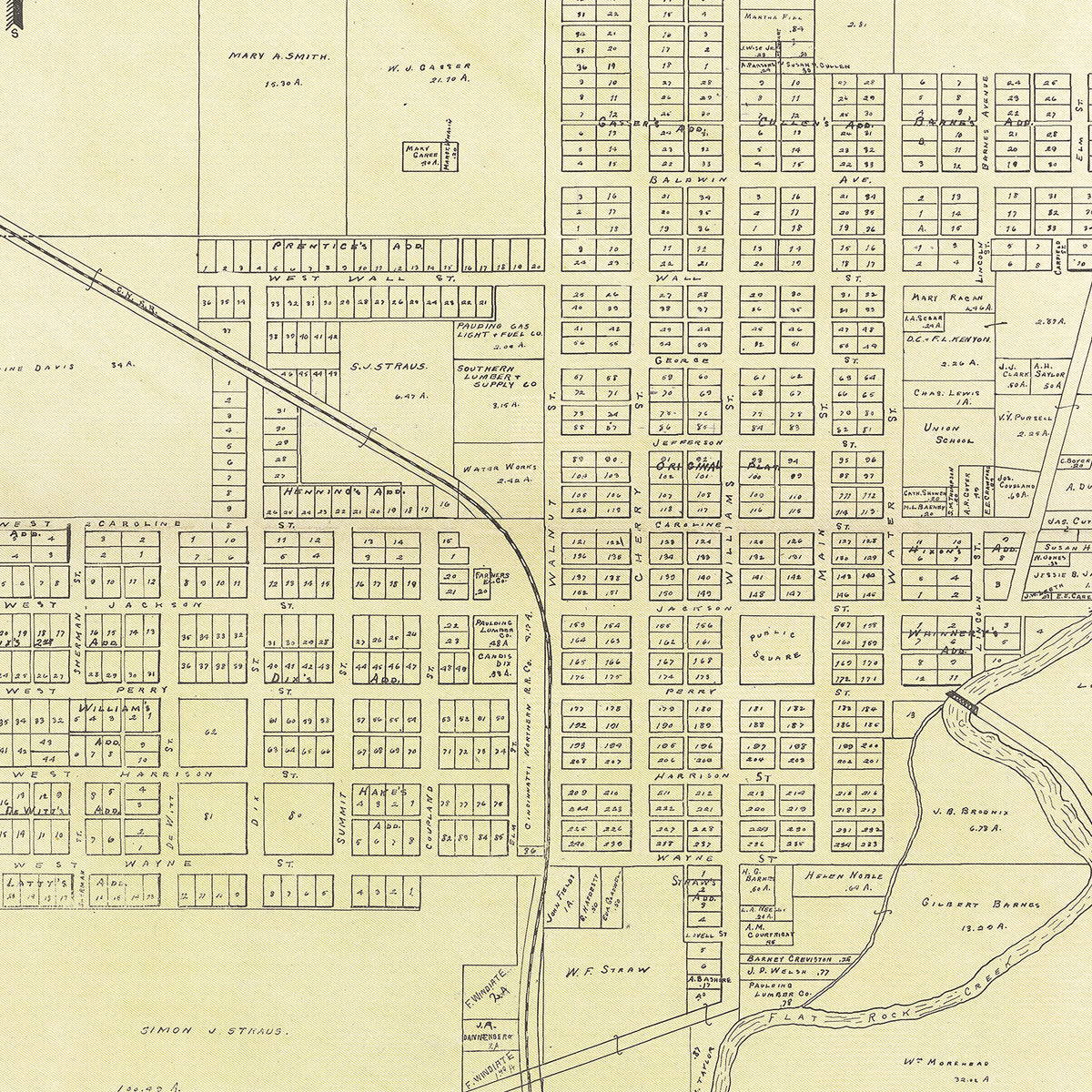 Restored historic details from the 1905 city map of Paulding, Ohio