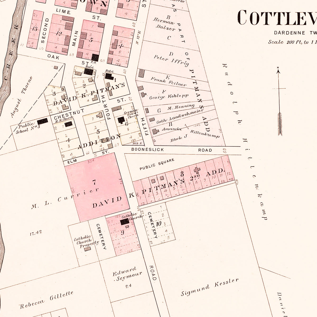 Restored historic details from the 1905 city map of Cottleville, Missouri
