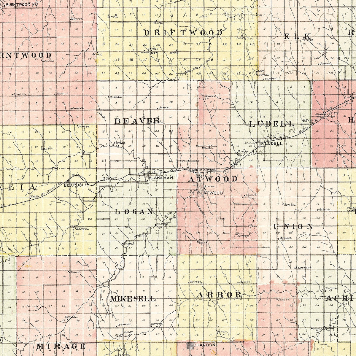 Restored historic details from the 1906 county map of Rawlins County, Kansas
