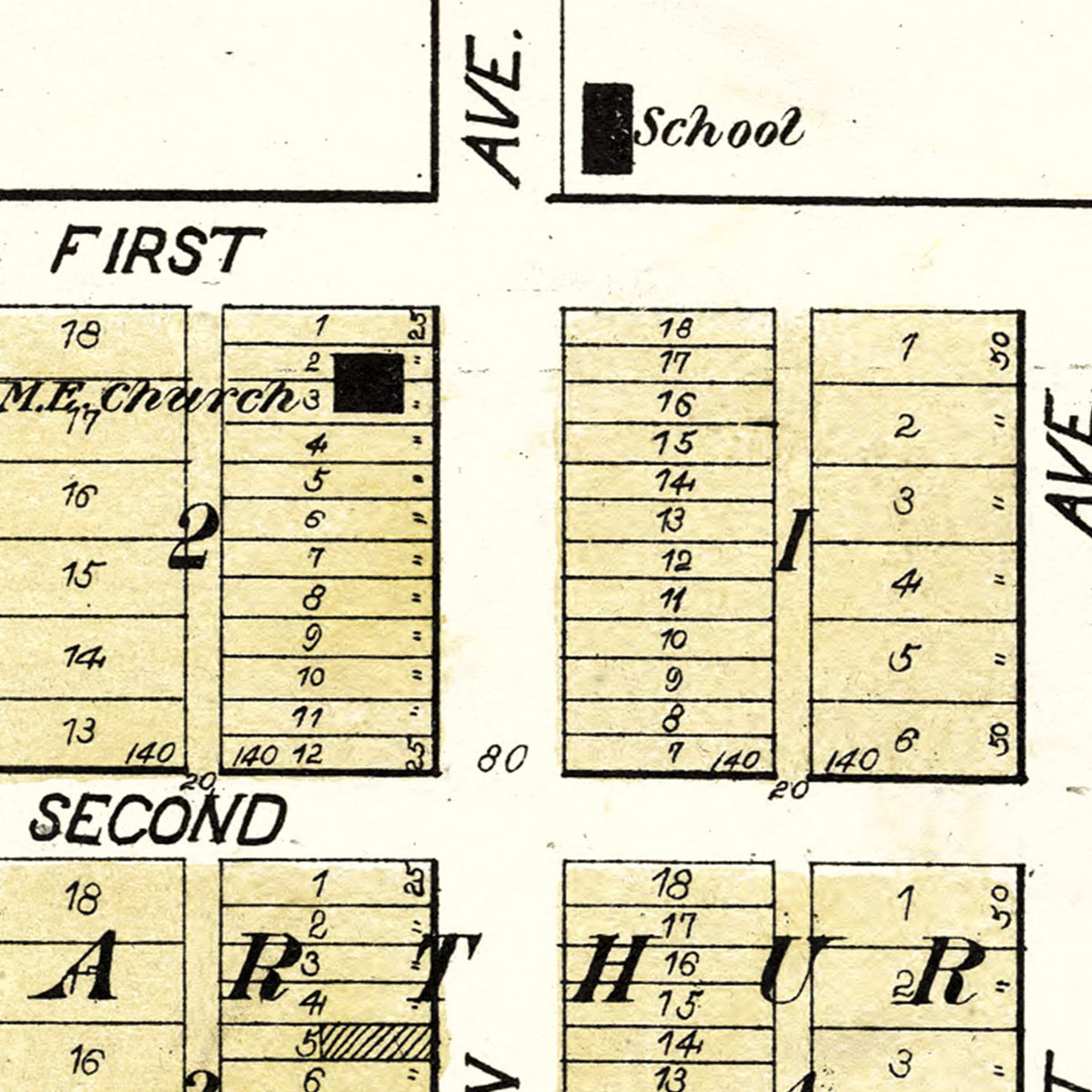 Restored historic details from the 1906 city map of Arthur, Iowa