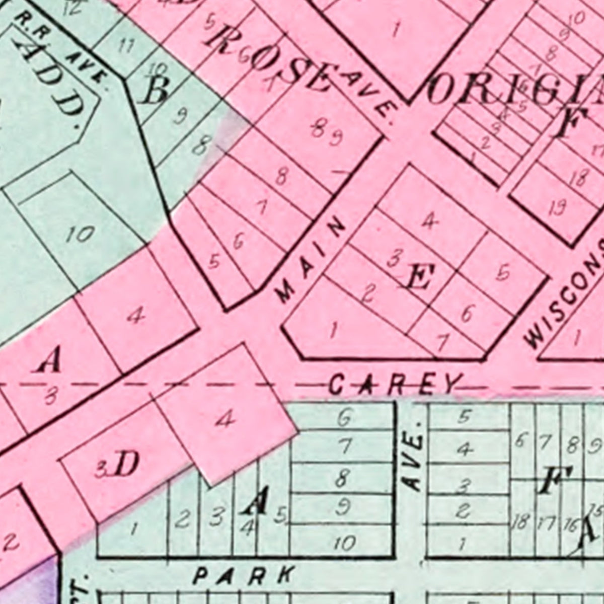 Restored historic details from the 1906 city map of Wild Rose, Wisconsin