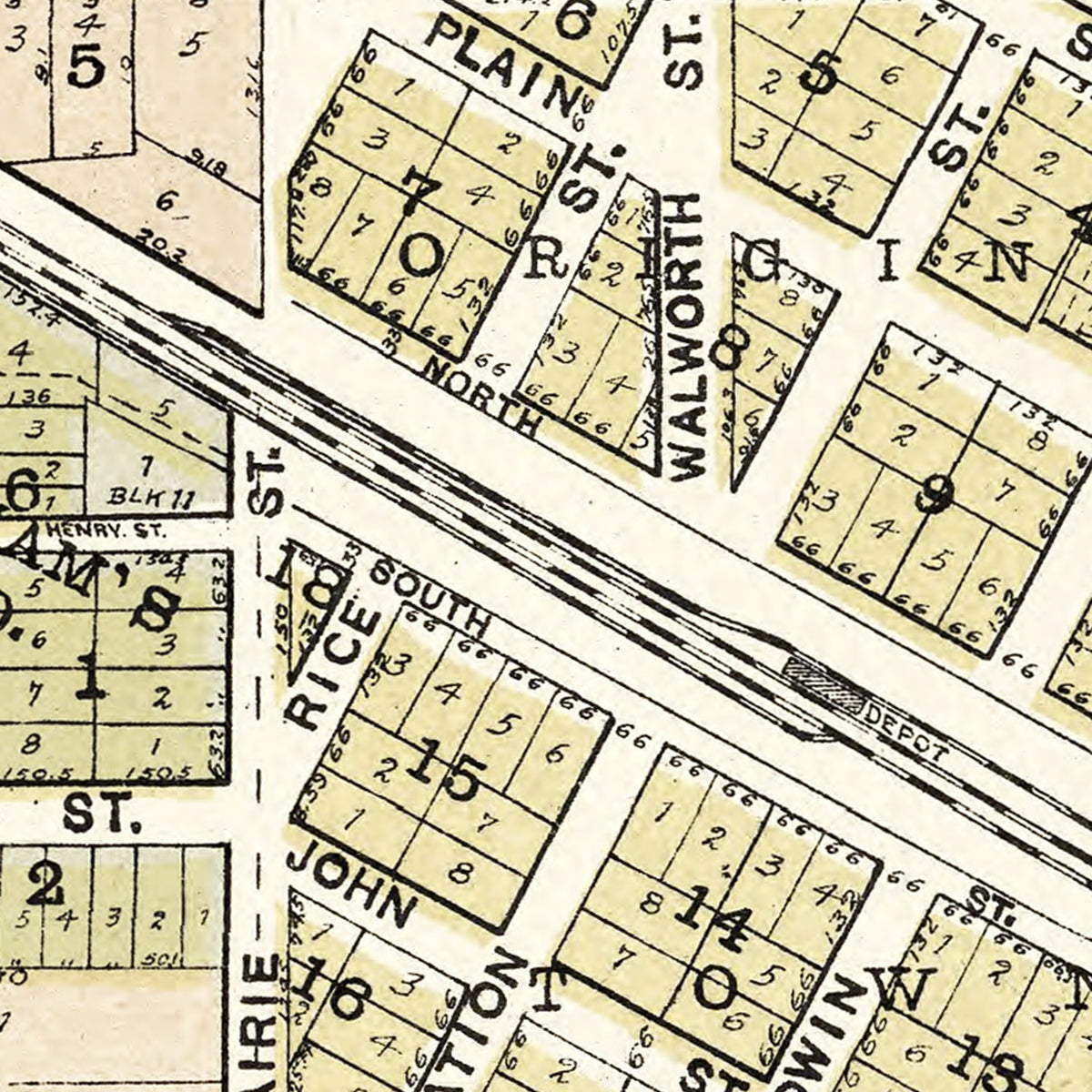 Restored historic details from the 1907 city map of Sharon, Wisconsin