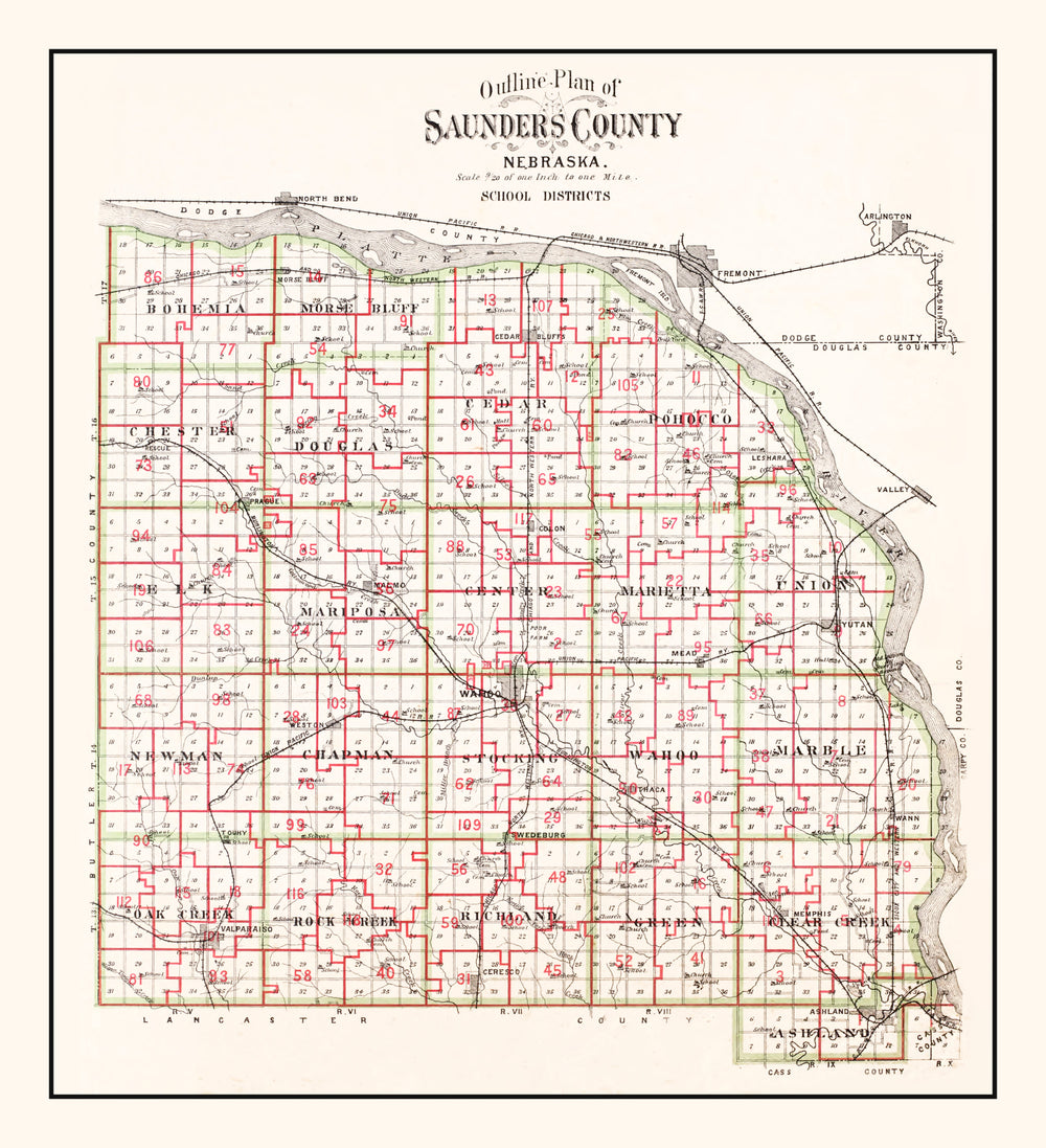Vintage Map of Saunders County, Nebraska 1907 print style example