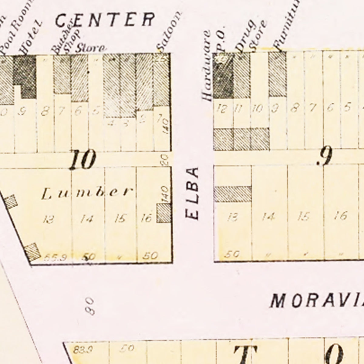 Restored historic details from the 1907 city map of Prague, Nebraska