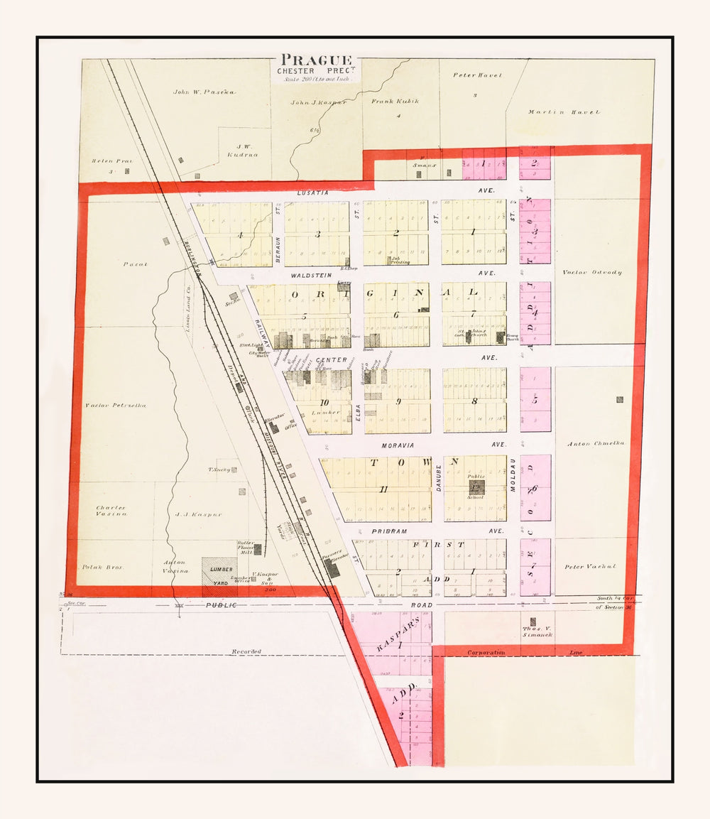 Vintage Map of Prague, Nebraska 1907 print style example