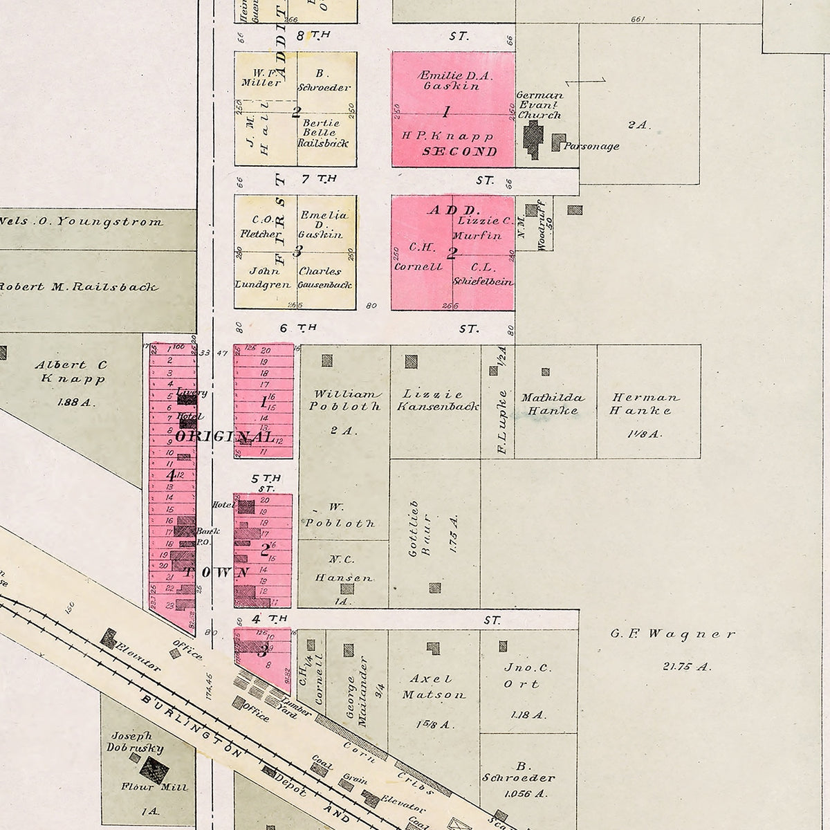 Restored historic details from the 1907 city map of Ithaca, Nebraska