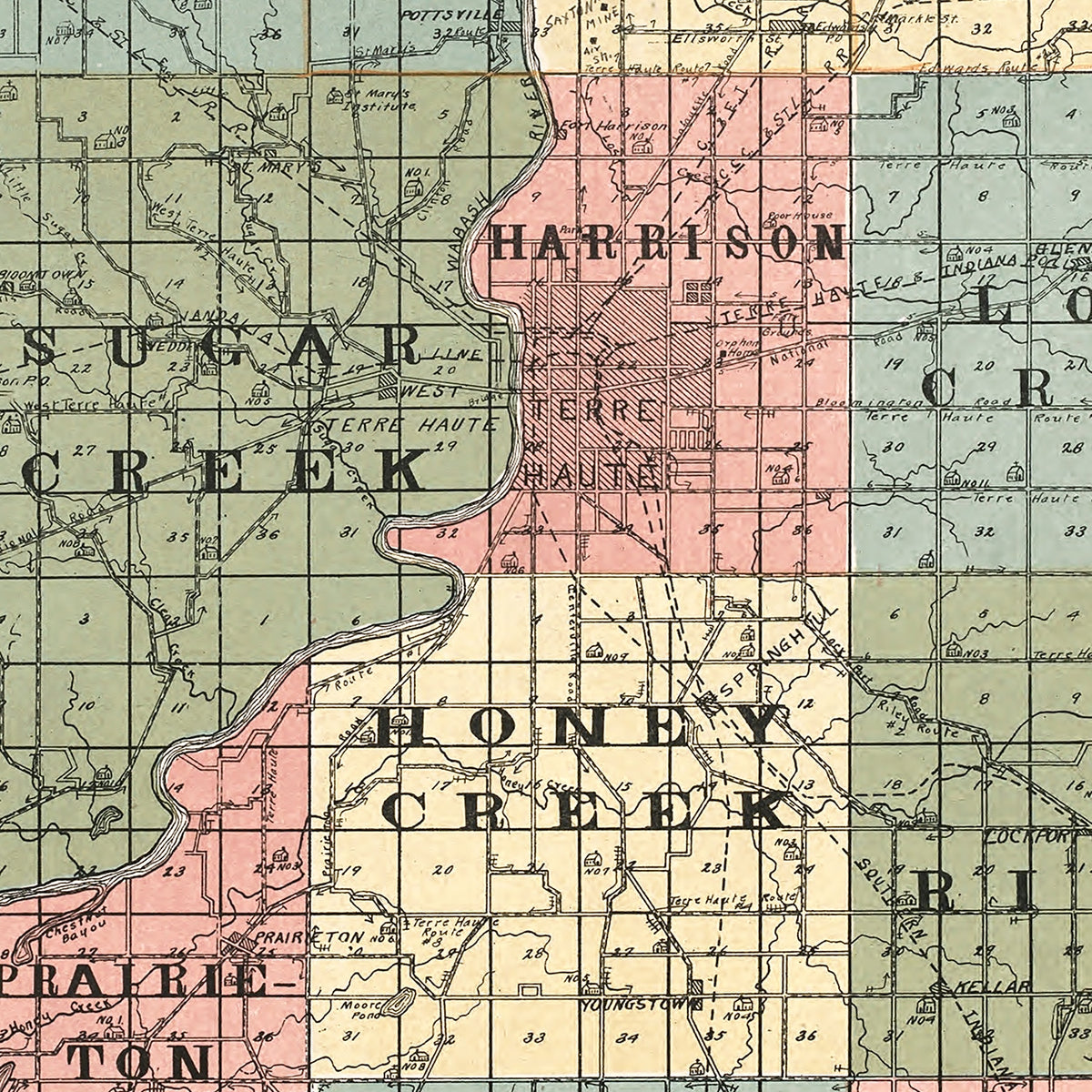 Restored historic details from the 1907 county map of Vigo County, Indiana