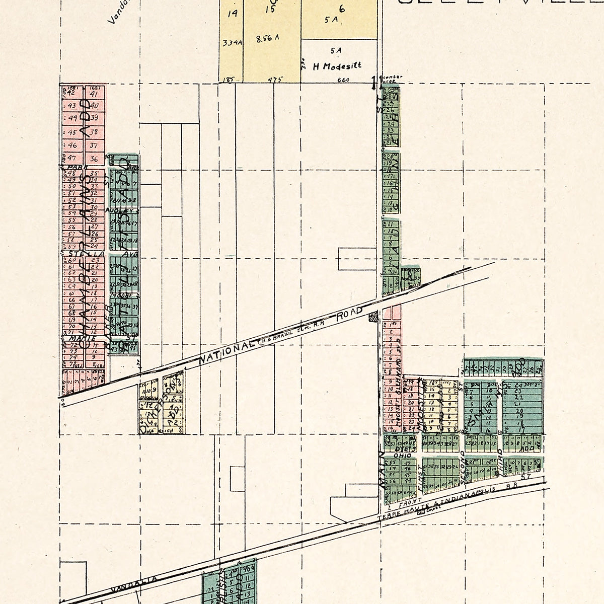 Restored historic details from the 1907 city map of Seelyville, Indiana