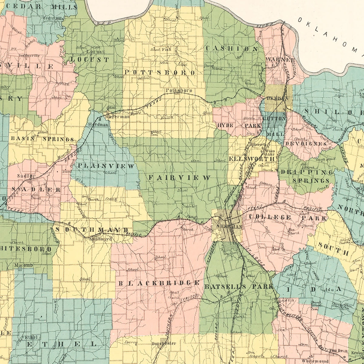 Restored historic details from the 1908 county map of Grayson County, Texas