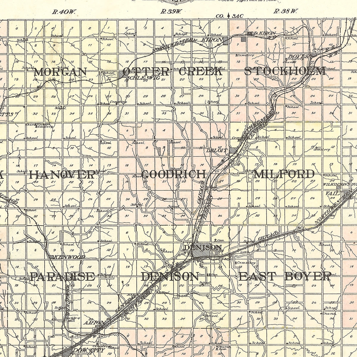 Restored historic details from the 1908 county map of Crawford County, Iowa