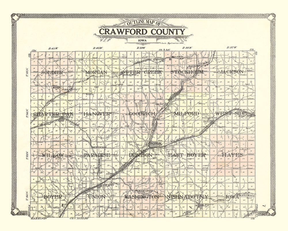 Vintage Map of Crawford County, Iowa 1908 print style example