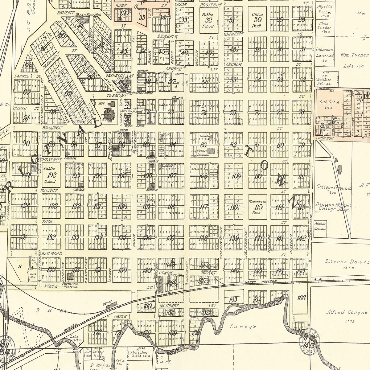Restored historic details from the 1908 city map of Denison, Iowa