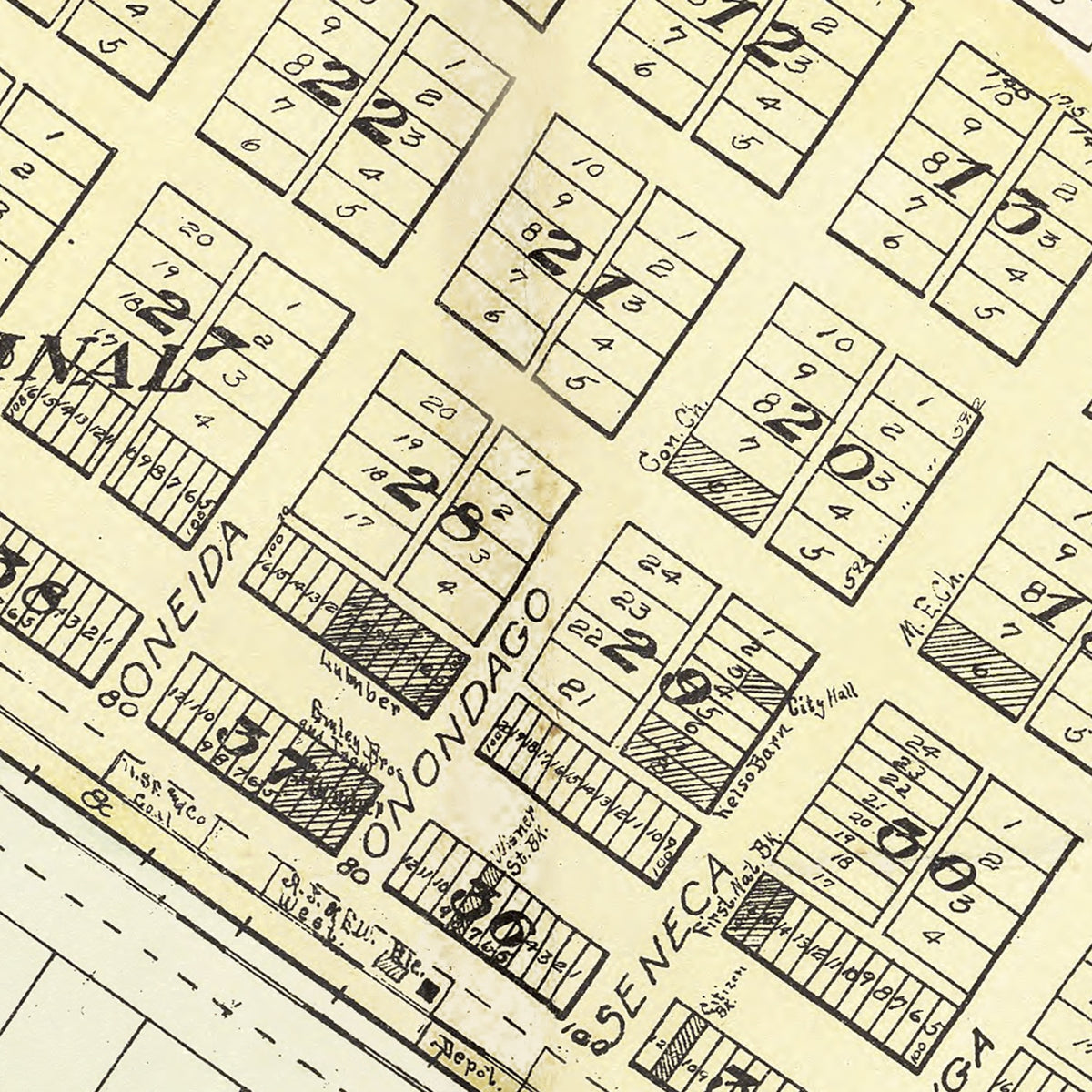 Restored historic details from the 1908 city map of Wisner, Nebraska