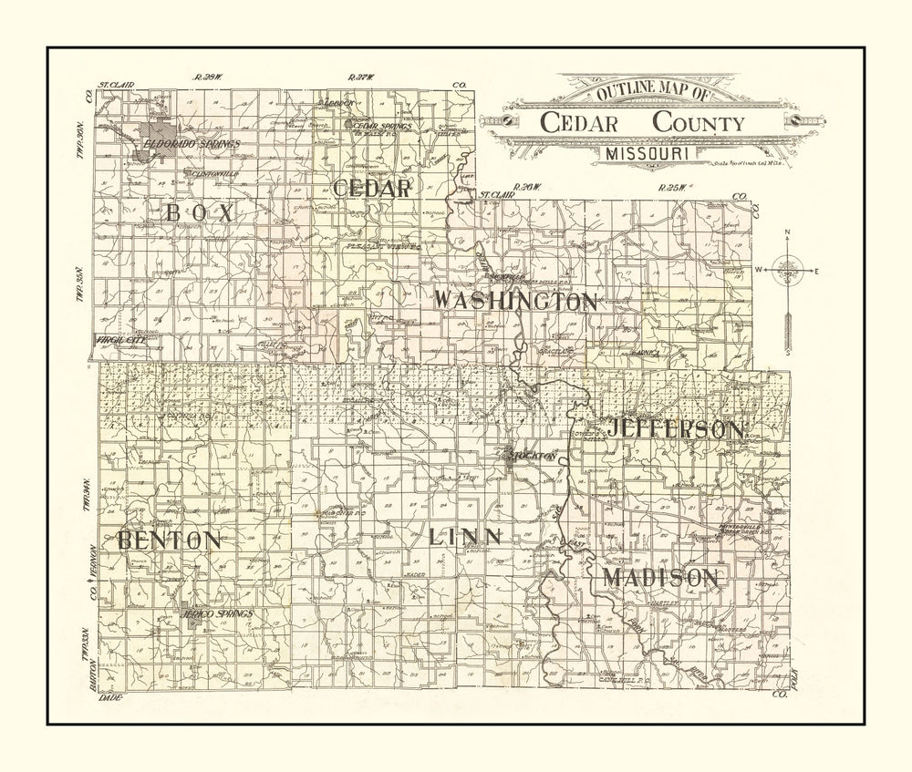 Vintage Map of Cedar County, Missouri 1908 print style example