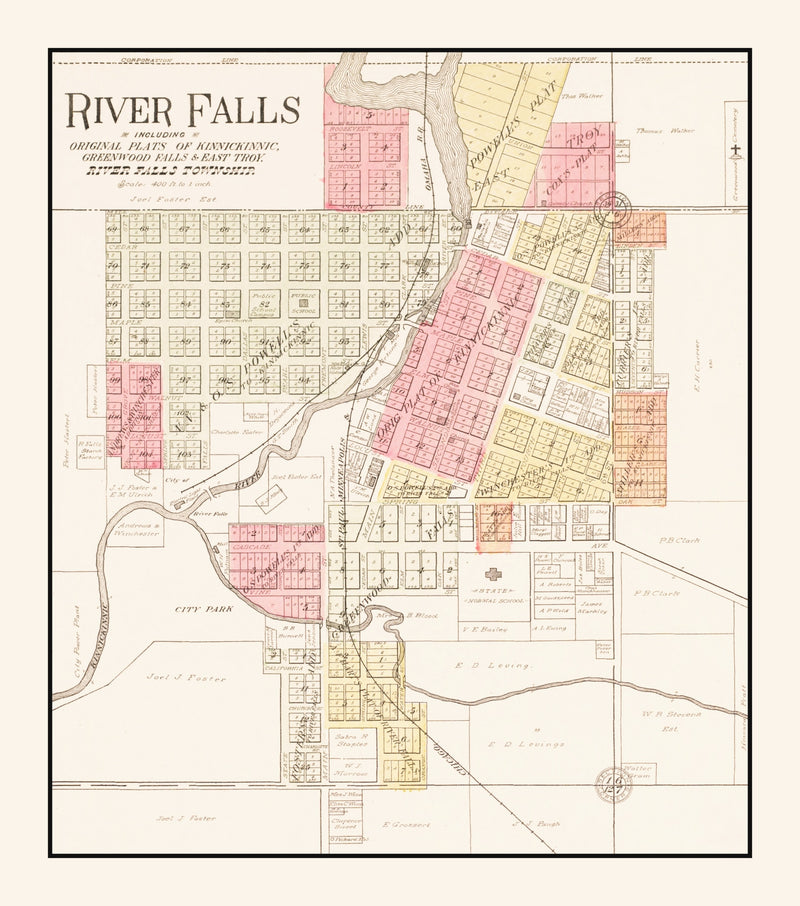 Size comparison using Vintage Map of River Falls, Wisconsin 1908