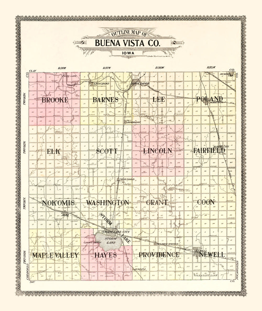 Vintage Map of Buena Vista County, Iowa 1908 print style example