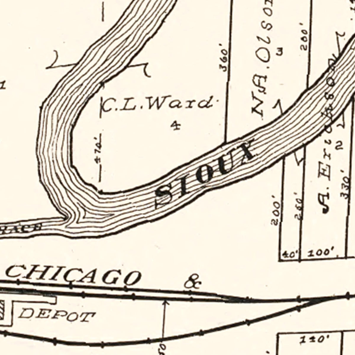 Restored historic details from the 1908 city map of Linn Grove, Iowa