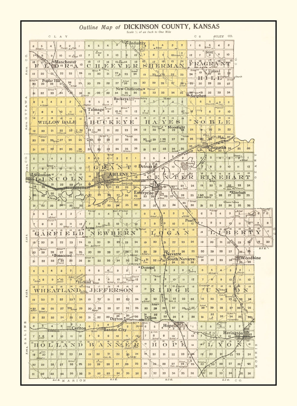Vintage Map of Dickinson County, Kansas 1909 print style example