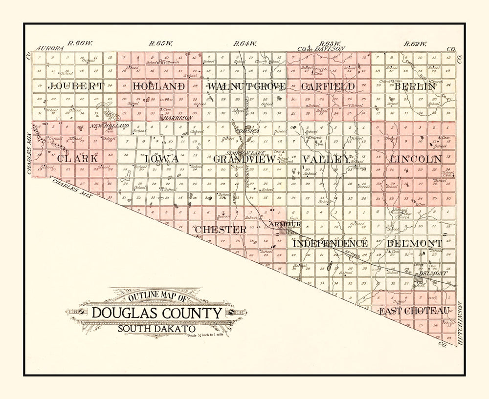 Vintage Map of Douglas County, South Dakota 1909 print style example
