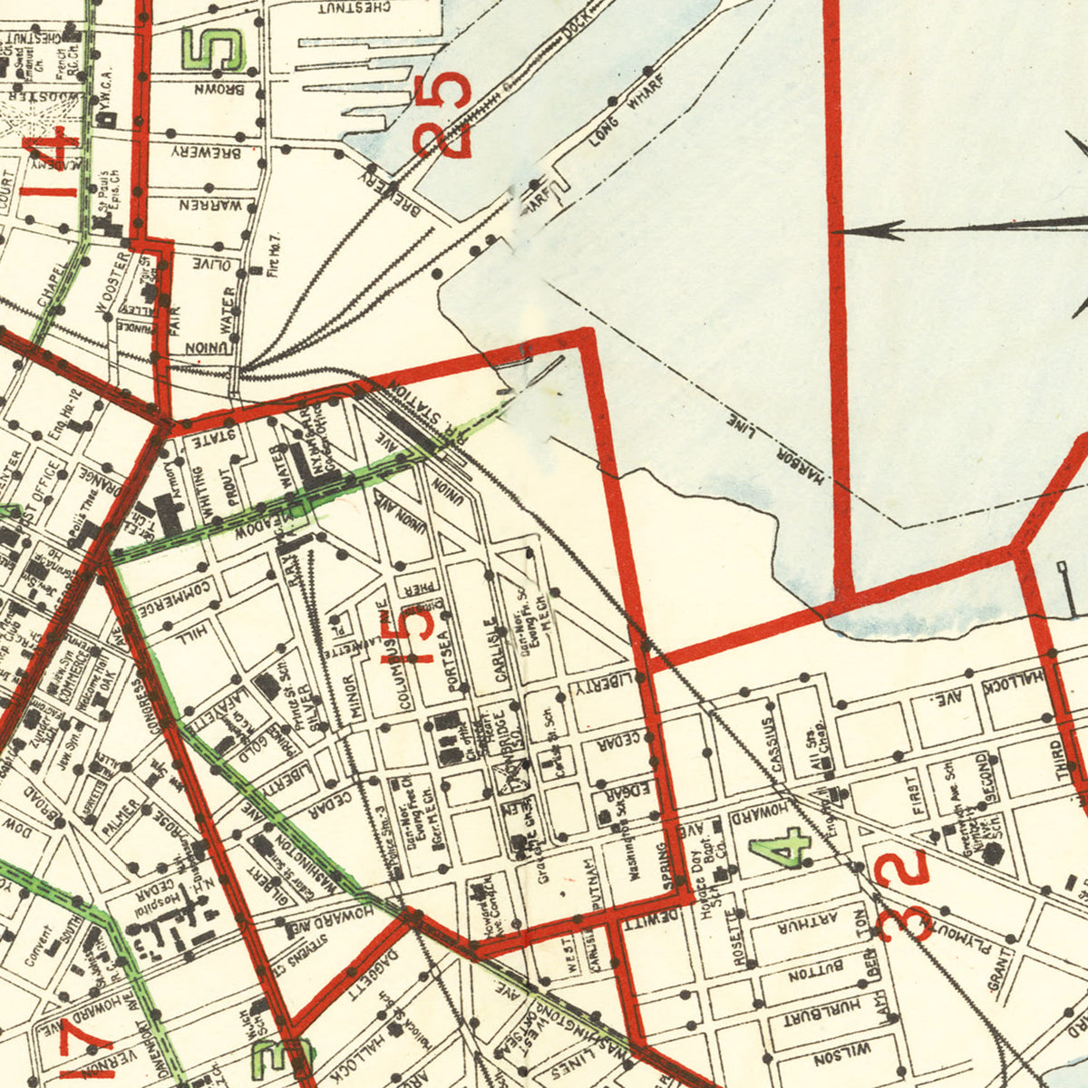 Restored historic details from the 1911 city map of New Haven, Connecticut
