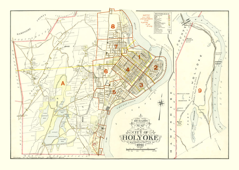 Vintage Map of Holyoke, Massachusetts 1911 print style example