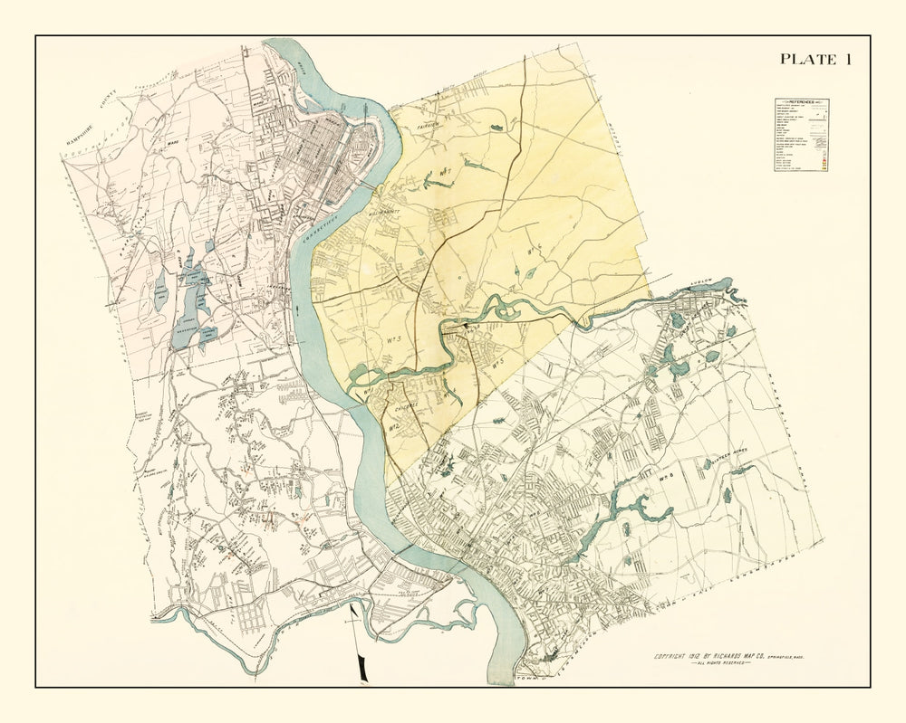 Vintage Map of Hampden County, Massachusetts 1912 print style example