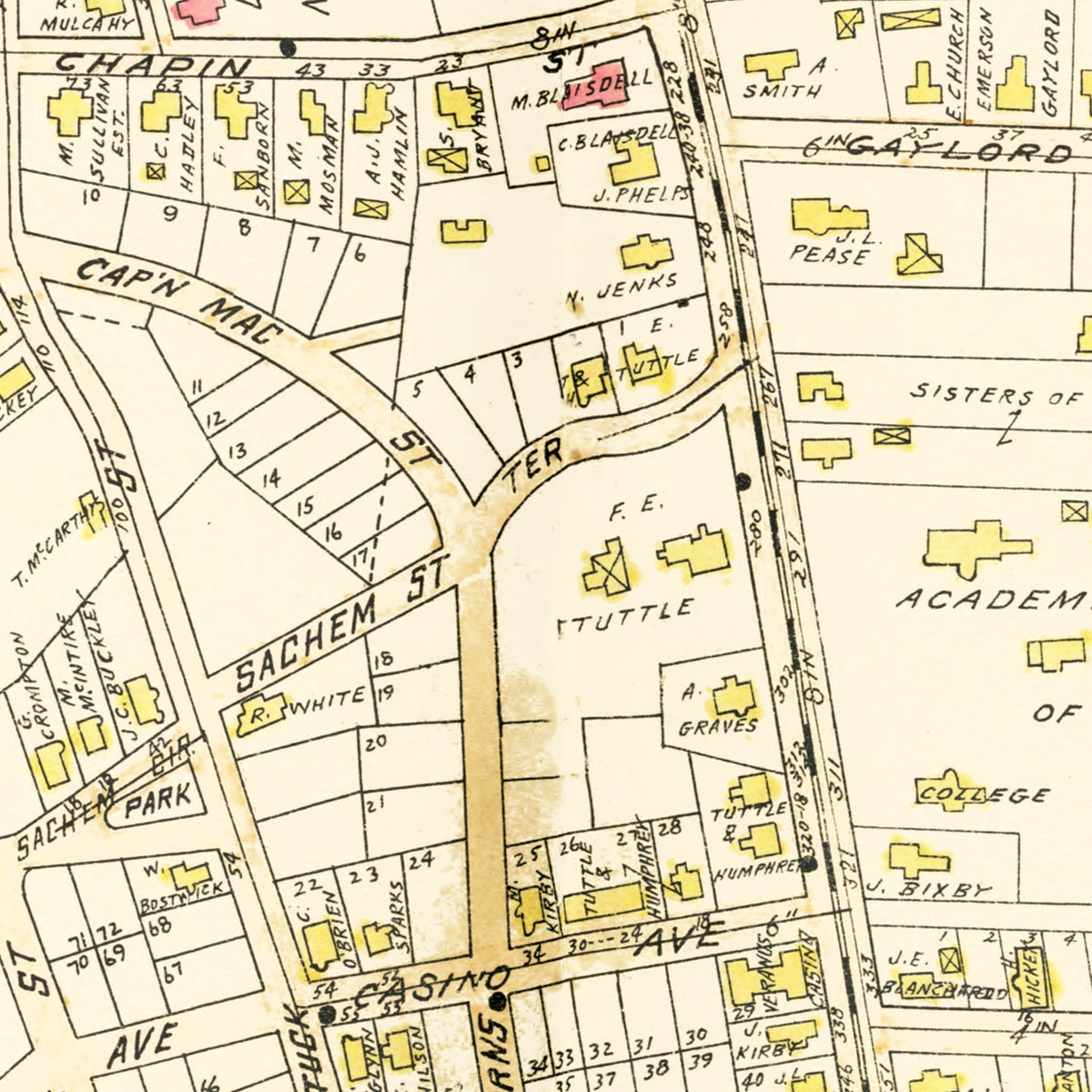 Restored historic details from the 1912 city map of Chicopee Center, Massachusetts