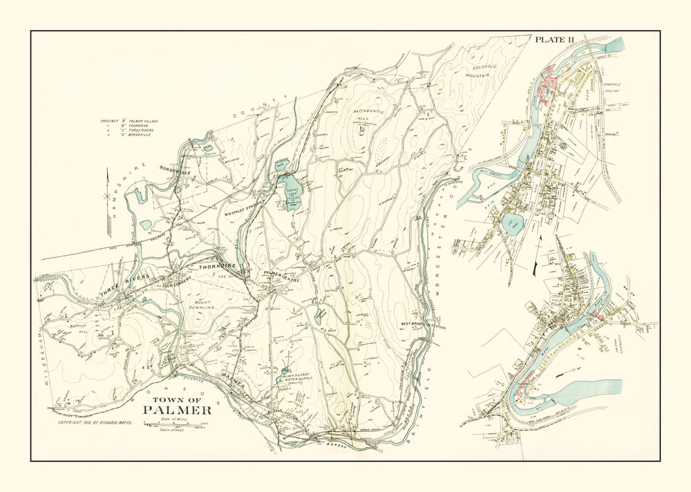 Vintage Map of Palmer, Massachusetts 1912 print style example