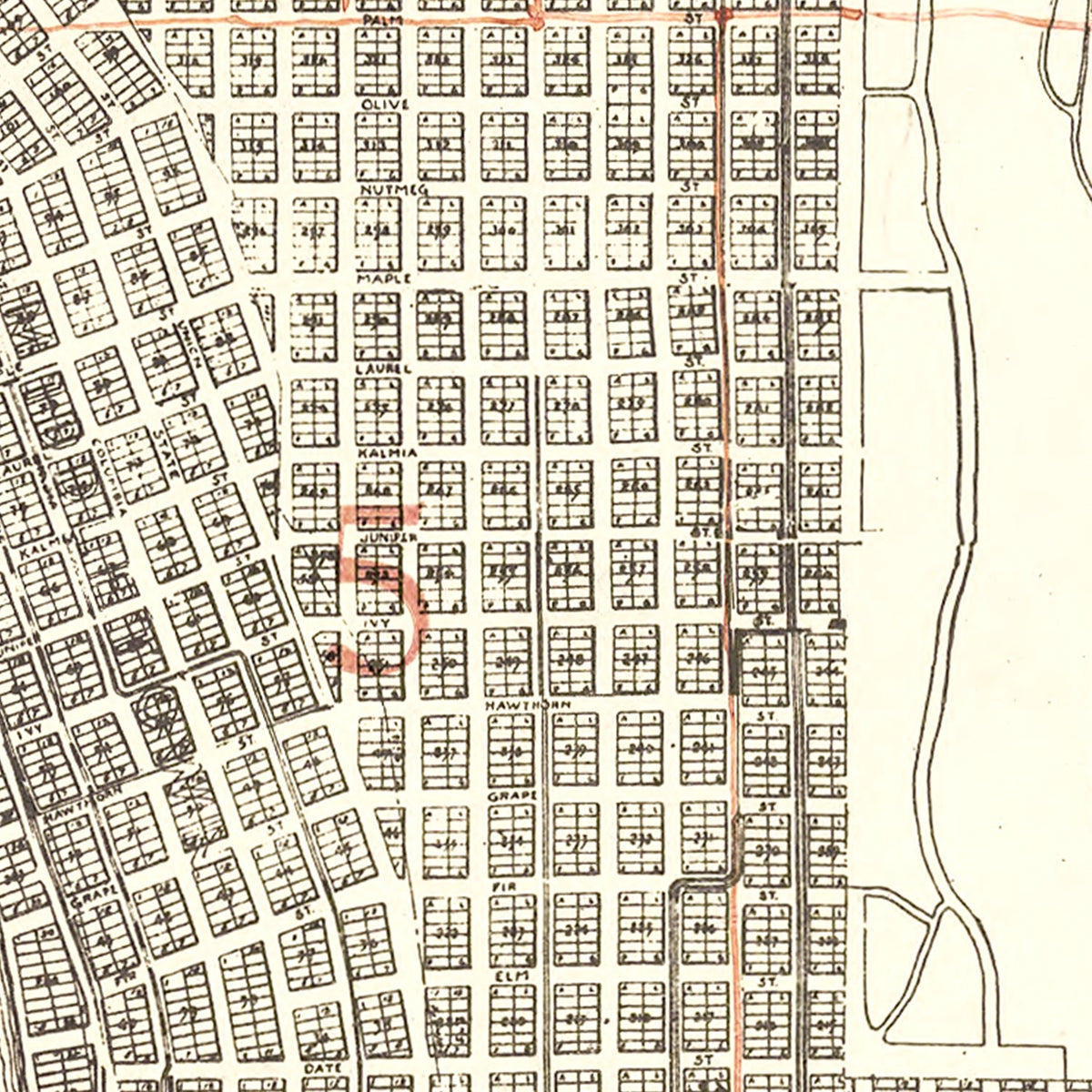 Restored historic details from the 1912 city map of San Diego, California