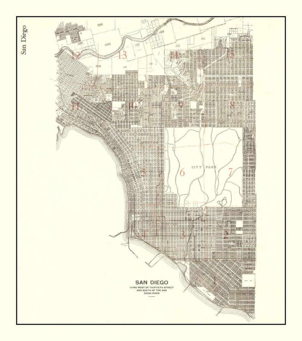 Vintage Map of San Diego, California 1912 print style example