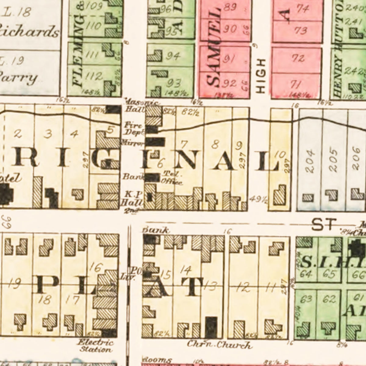 Restored historic details from the 1912 city map of New Paris, Ohio