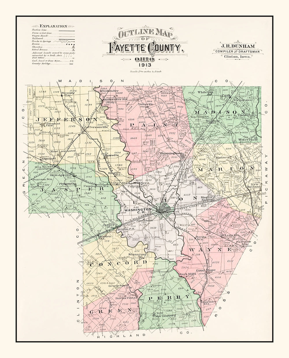 Vintage Map of Fayette County, Ohio 1913 print style example