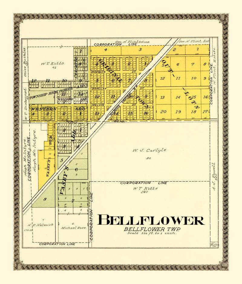 Size comparison using Vintage Map of Bellflower, Illinois 1914