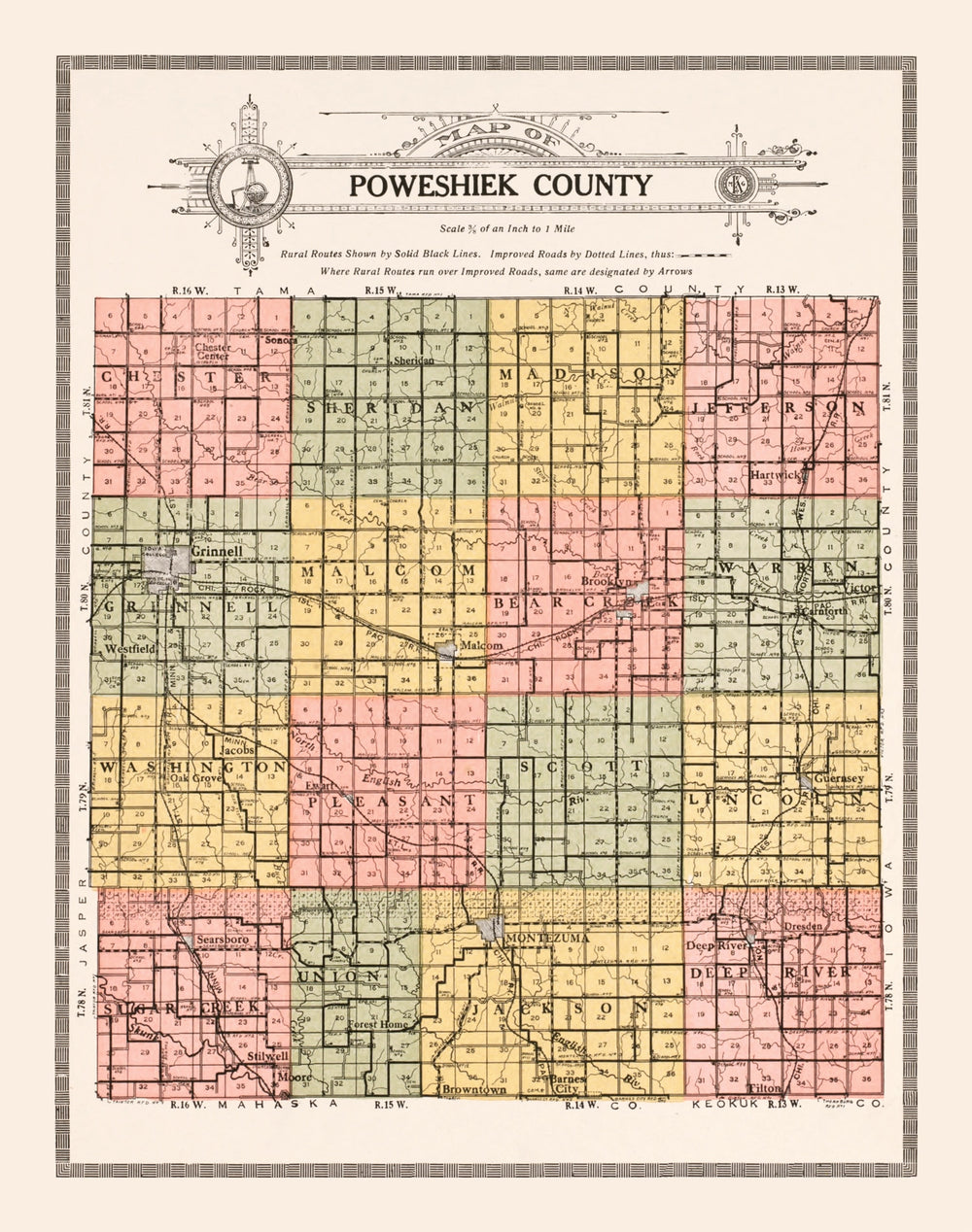Vintage Map of Poweshiek County, Iowa 1914 print style example