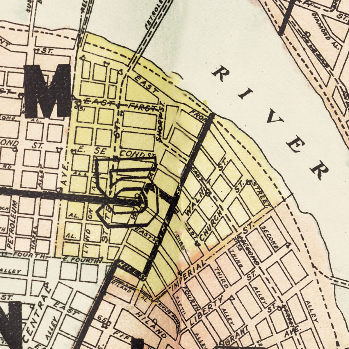 Restored historic details from the 1915 city map of Oil City, Pennsylvania