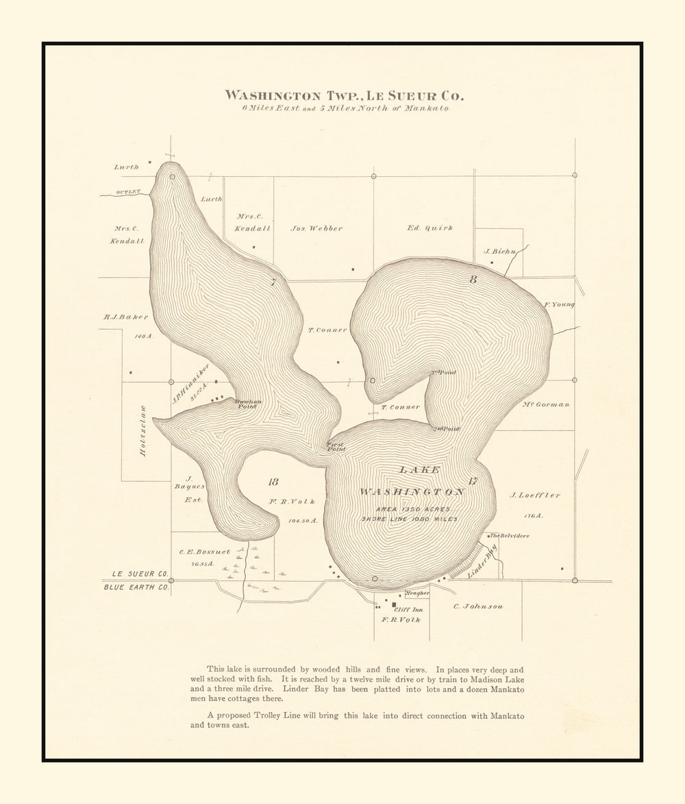 Vintage Lake Washington, MN Map 1921 print style example