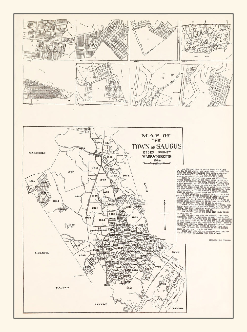 Vintage Map of Saugus, Massachusetts 1924 print style example