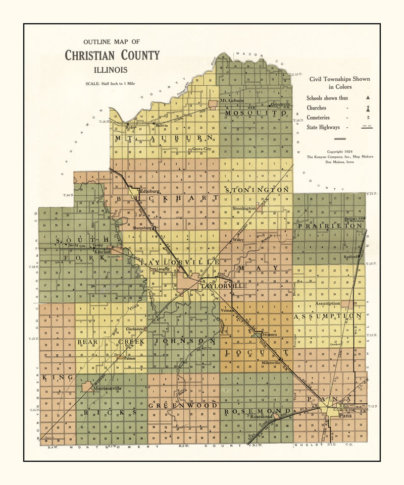Size comparison using Vintage Map of Christian County, Illinois 1924