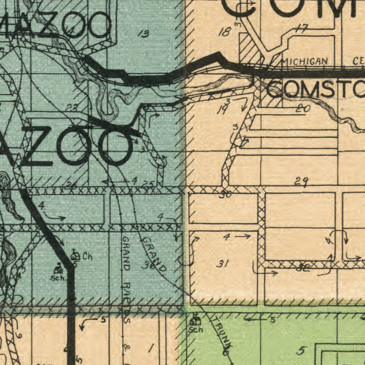 Restored historic details from the 1928 county map of Kalamazoo County, Michigan