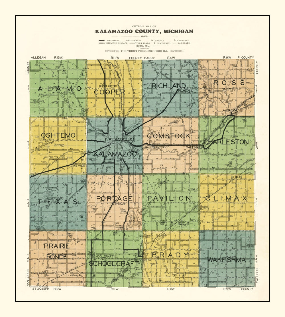Vintage Map of Kalamazoo County, Michigan 1928 print style example