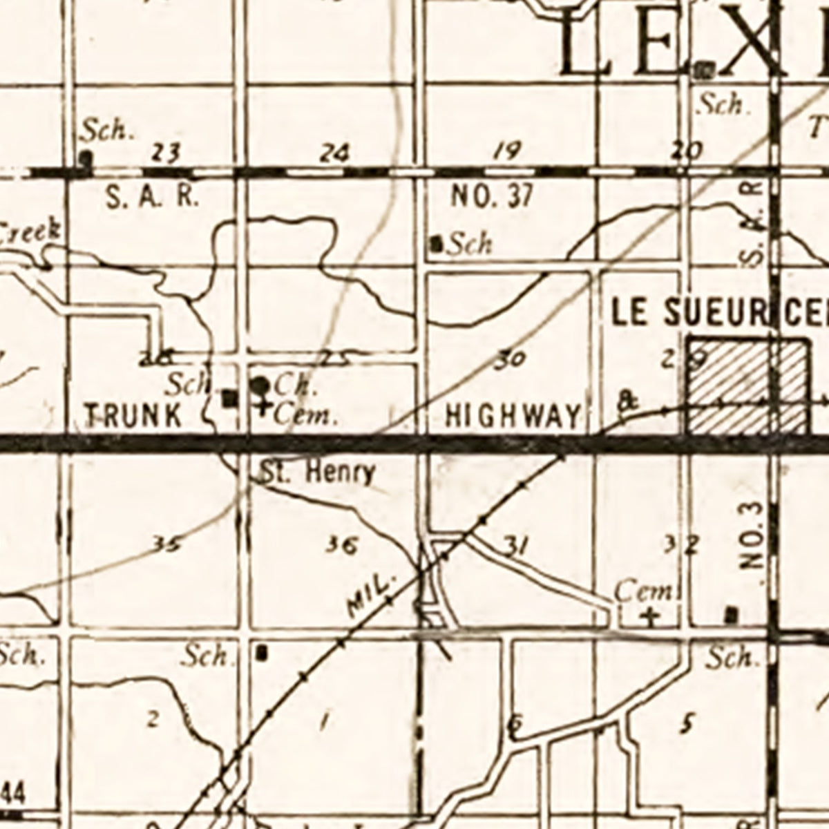 Restored historic details from the 1928 county map of Le Sueur County, Minnesota