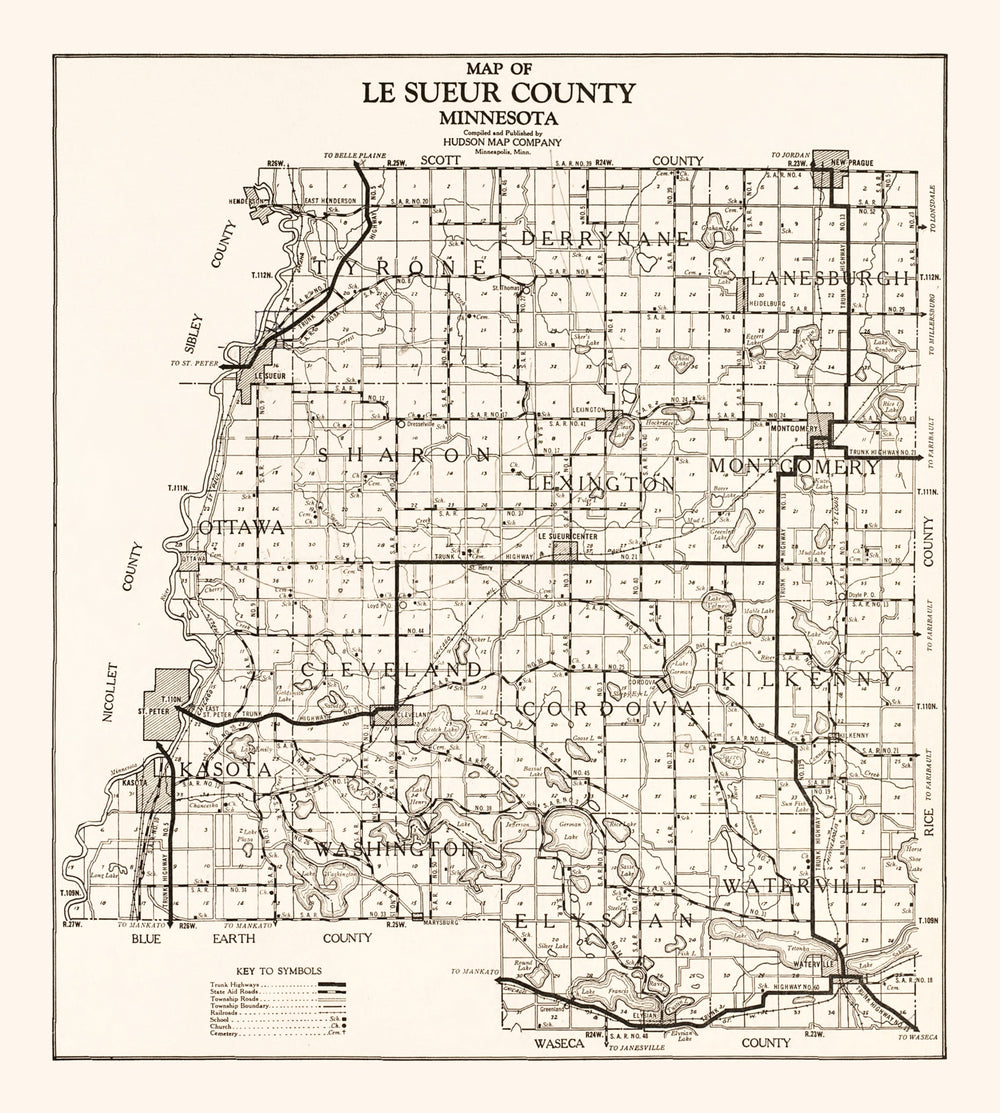 Vintage Map of Le Sueur County, Minnesota 1928 print style example