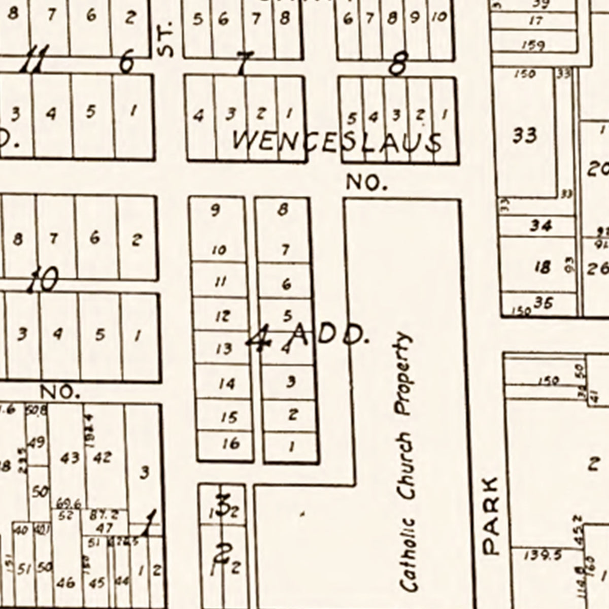 Restored historic details from the 1928 city map of New Prague, Minnesota