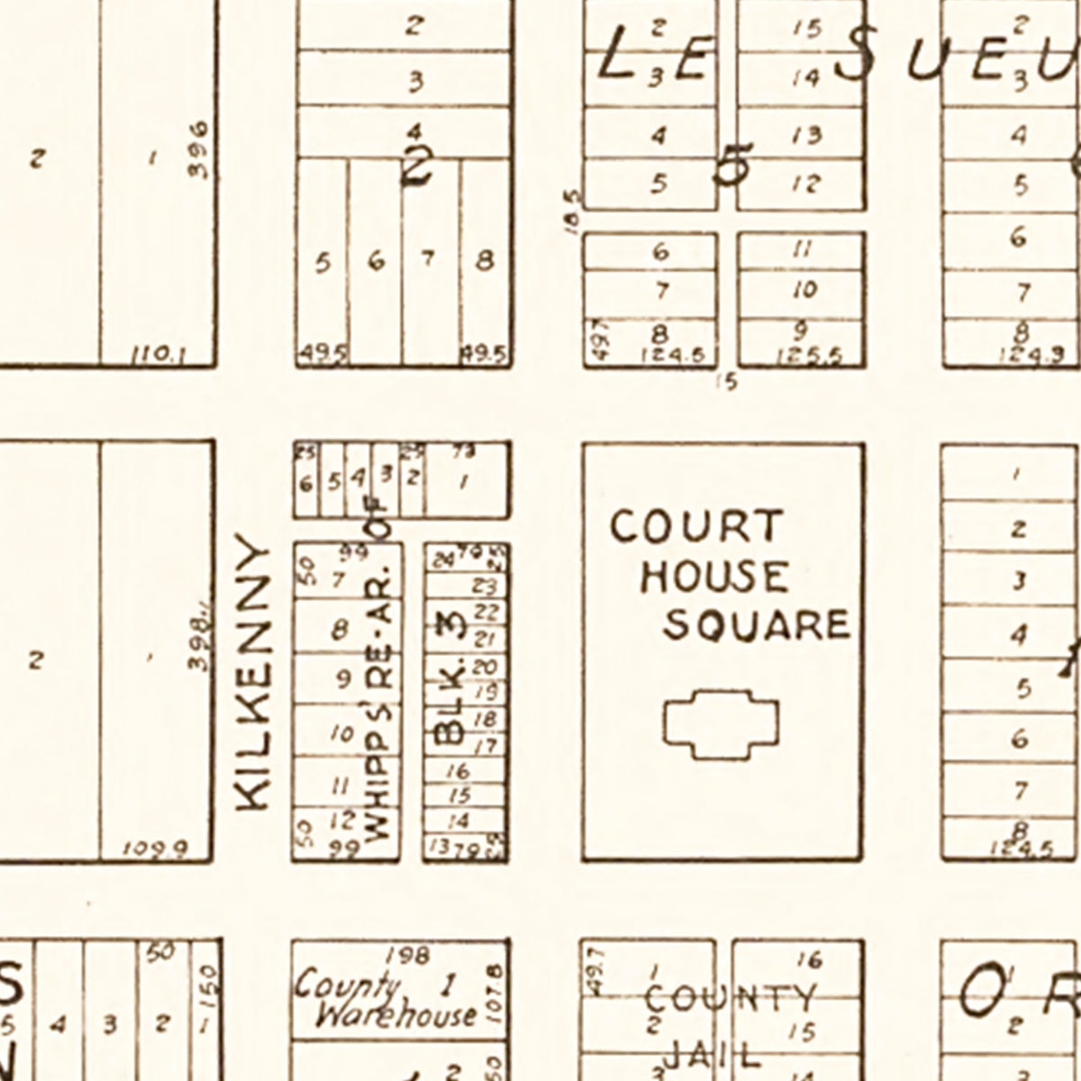 Restored historic details from the 1928 city map of Le Sueur Center, Minnesota