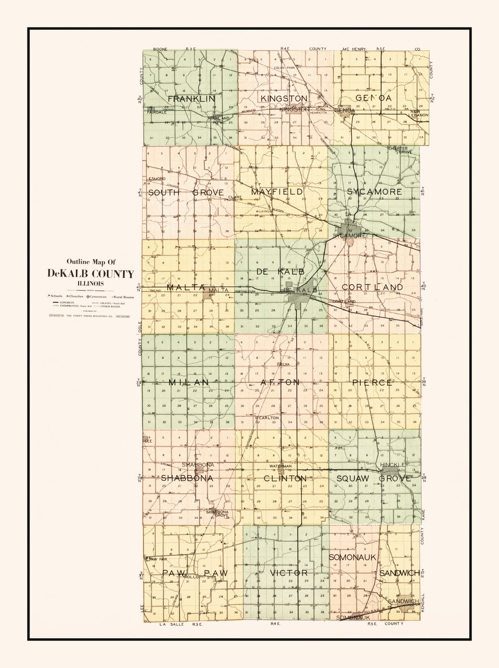 Vintage Map of De Kalb County, Illinois 1929 print style example