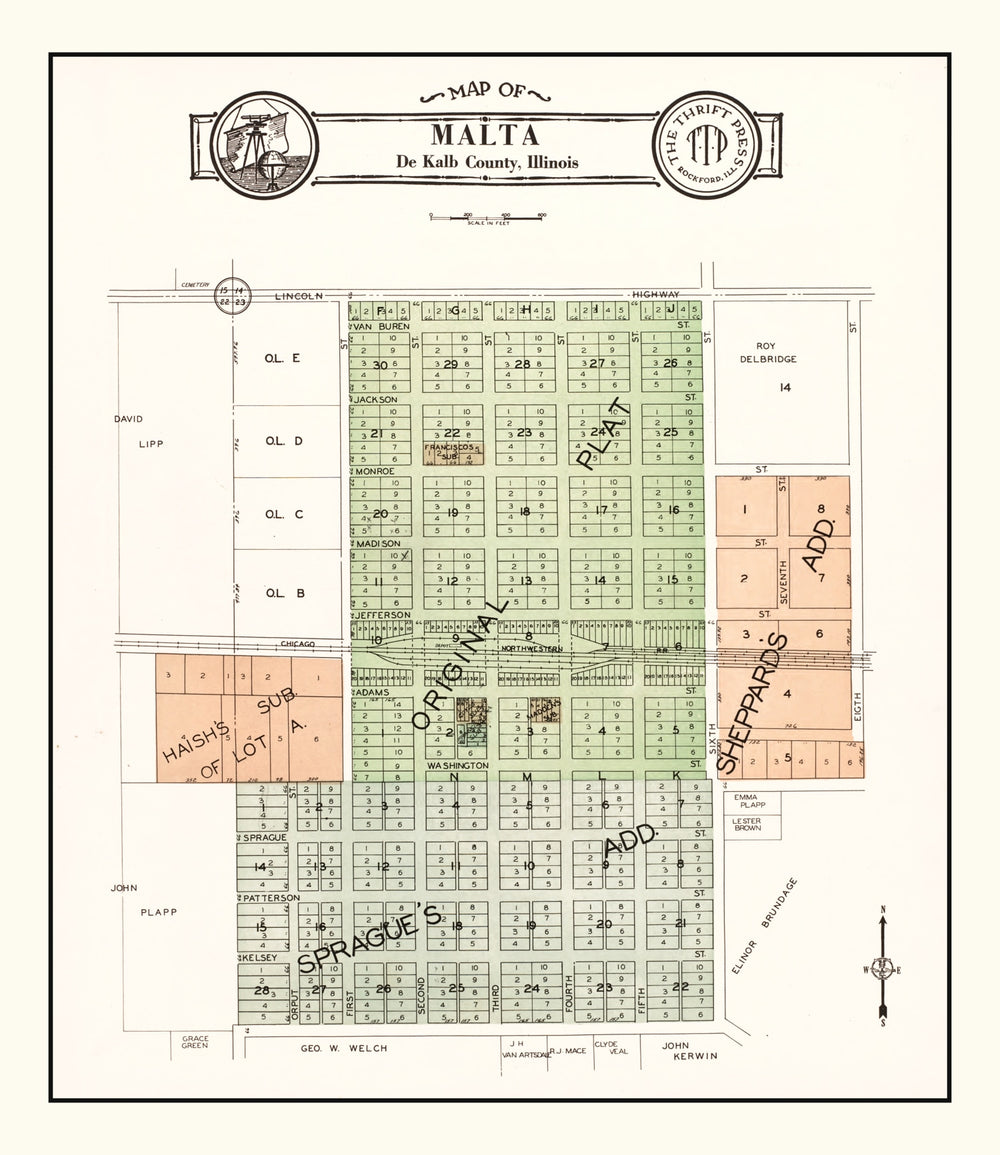 Vintage Map of Malta, Illinois 1929 print style example